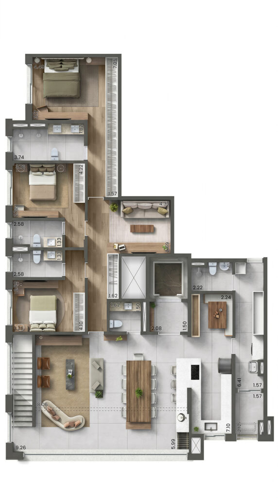 Planta do duplex de 3 suítes e 368 m² do Taj Ibirapuera, pavimento inferior.