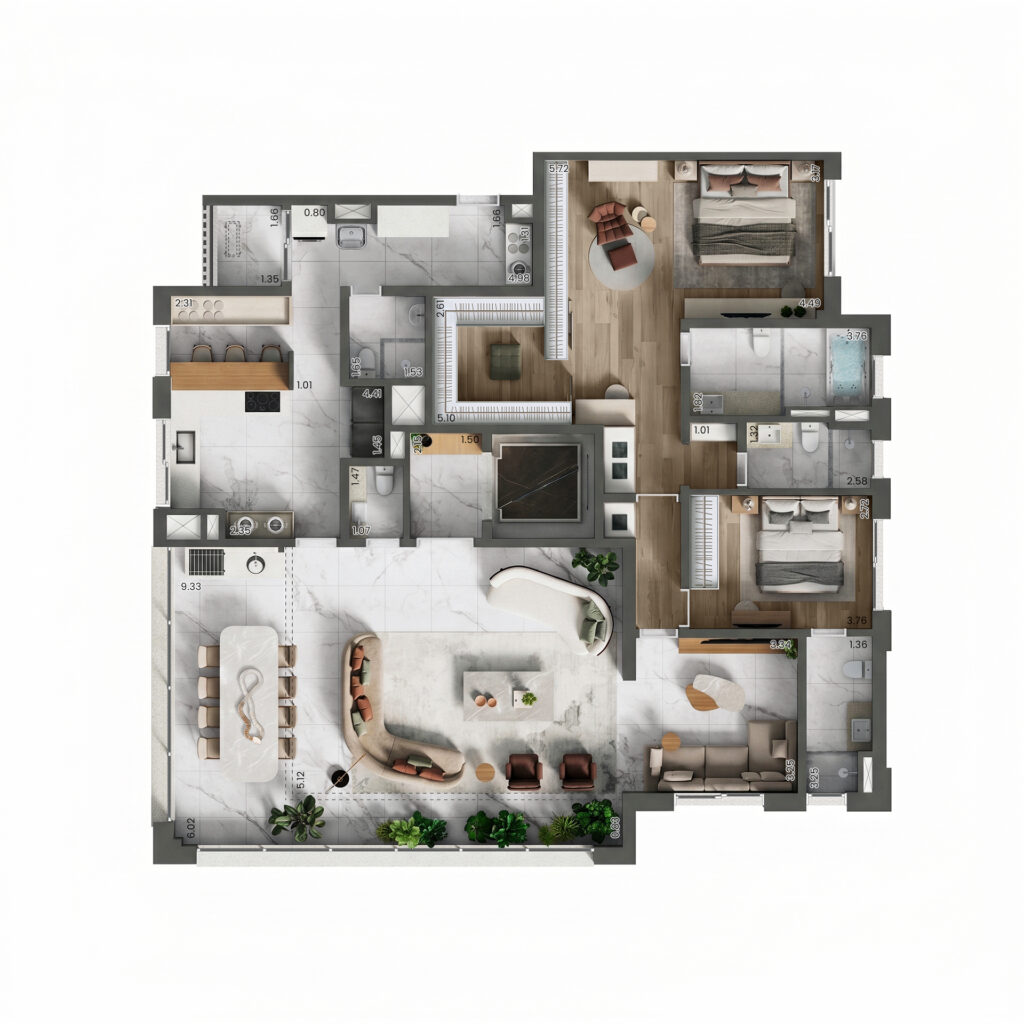 Planta do apartamento de 2 quartos e 191 m² do Taj Ibirapuera, com duas suítes.