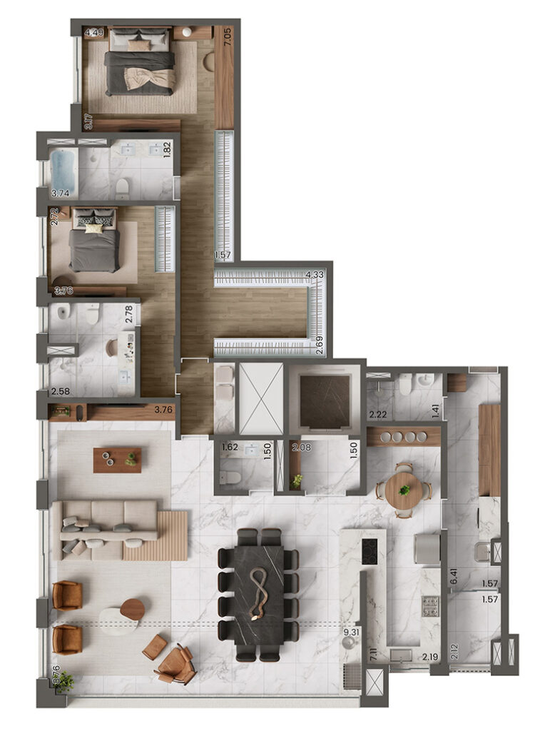 Planta do apartamento de 2 quartos e 193 m² do Taj Ibirapuera, com duas suítes.