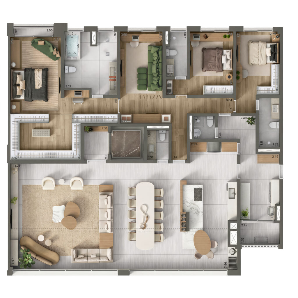 Planta do apartamento de 3 quartos e 253 m² do Taj Ibirapuera, com três suítes.