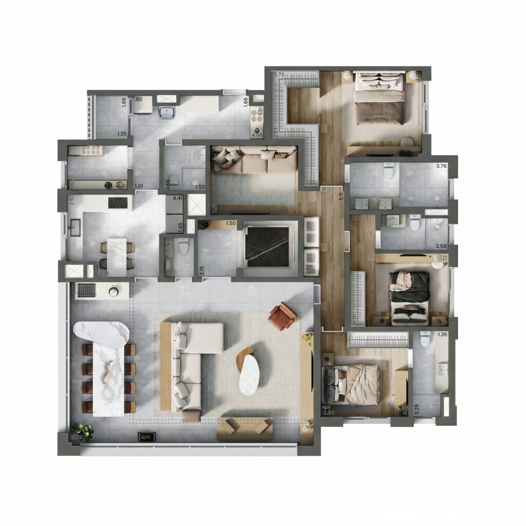 Planta do apartamento de 3 quartos e 191 m² do Taj Ibirapuera, com três suítes.