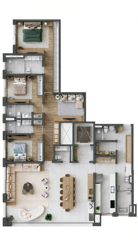 Planta do apartamento de 3 quartos e 193 m² do Taj Ibirapuera, com três suítes.
