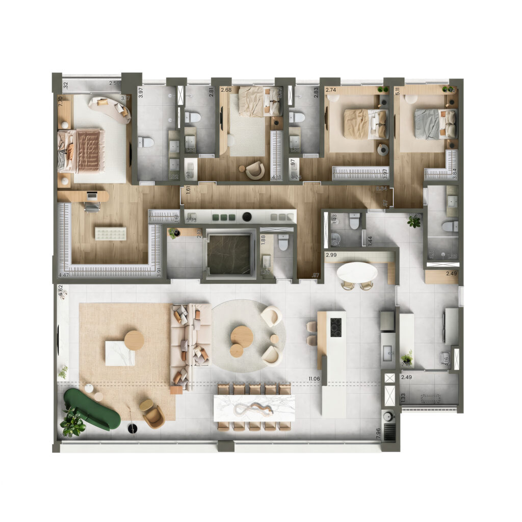 Planta do apartamento de 4 quartos e 253 m² do Taj Ibirapuera, com quatro suítes.