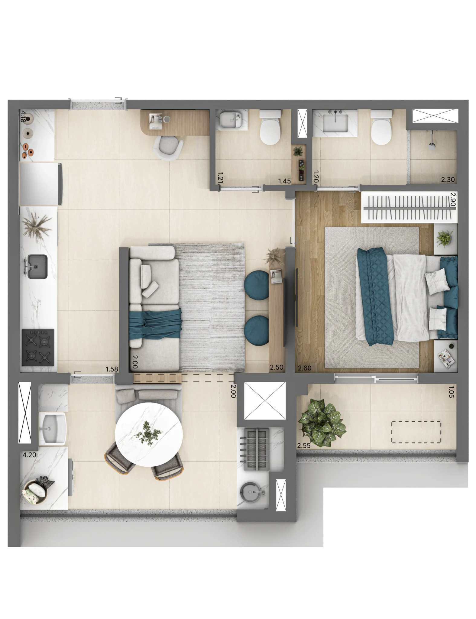 Planta do apartamento de 1 quarto e 45 m² do Linn Vila Mariana, com suíte.