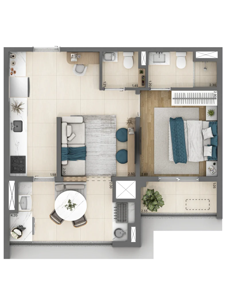 Planta do apartamento de 1 quarto e 45 m² do Linn Vila Mariana, com suíte.