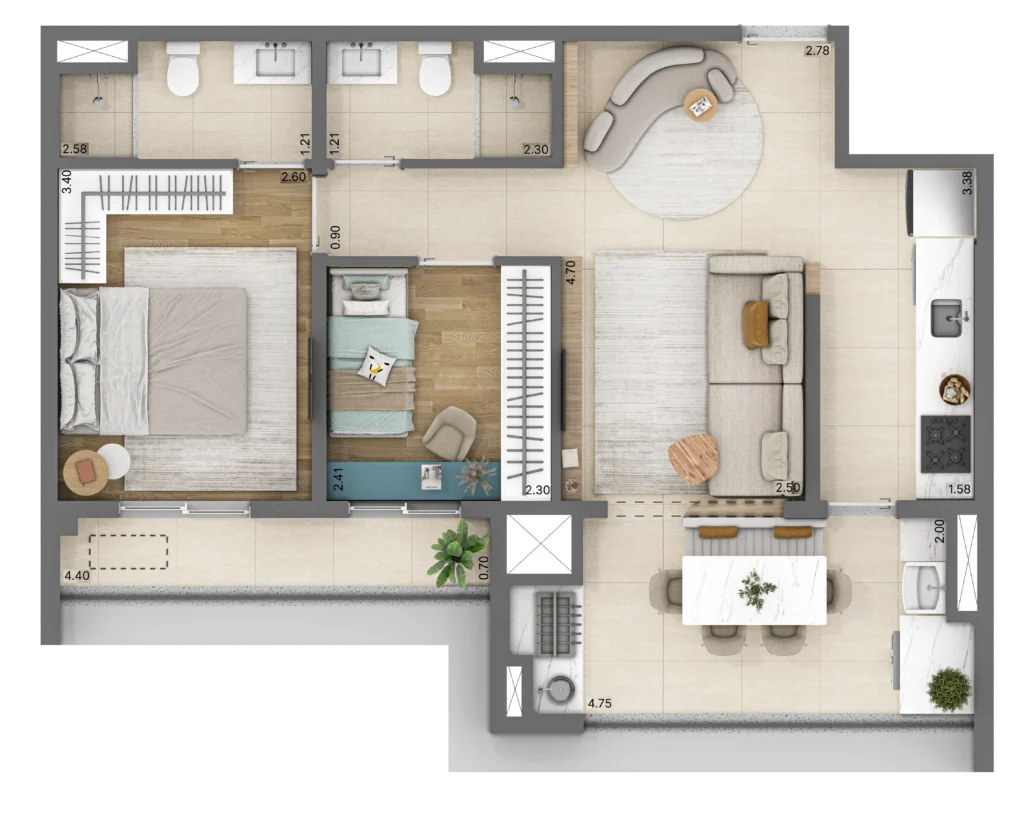 Planta do apartamento de 2 quartos e 60 m² do Linn Vila Mariana, com uma suíte.