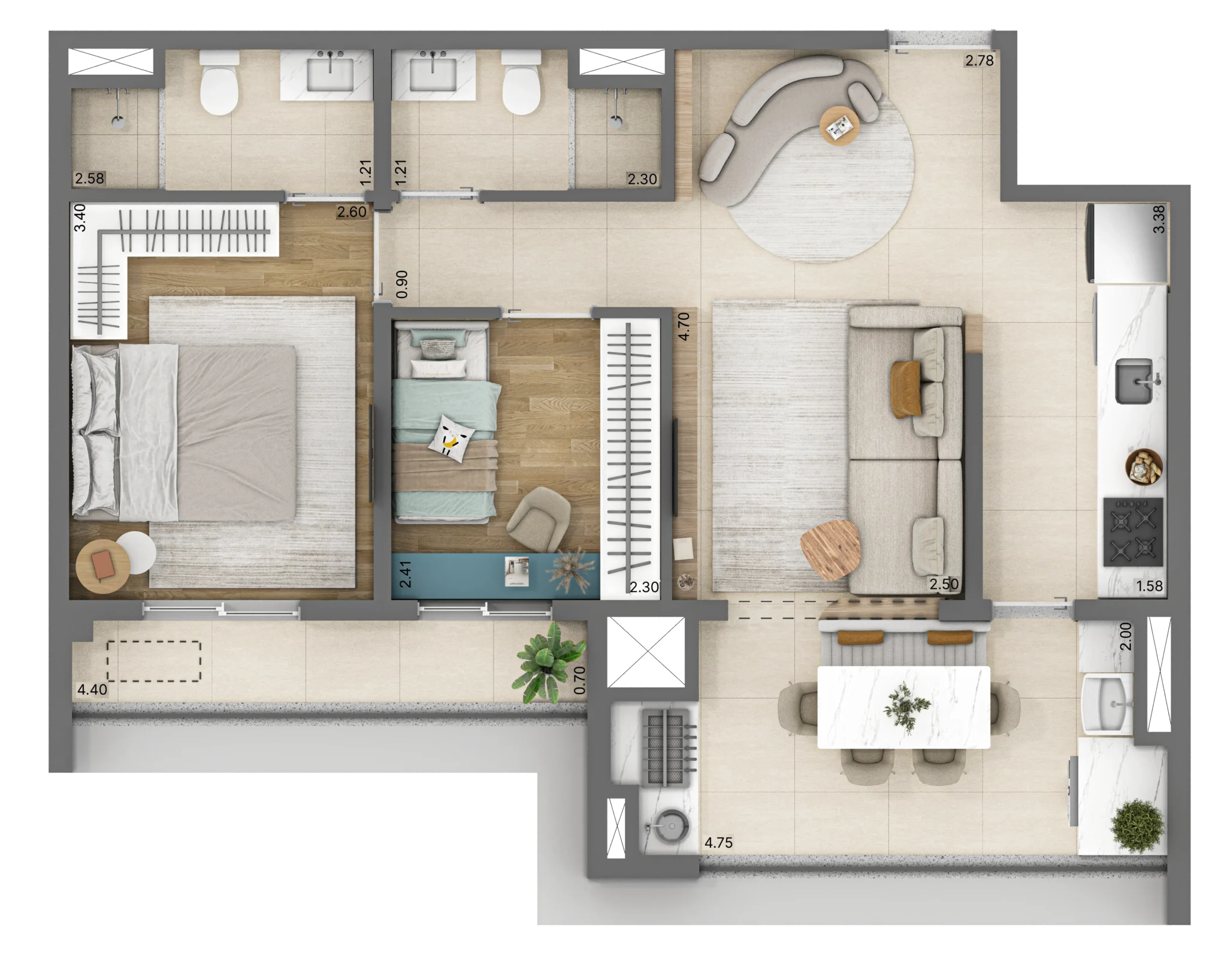 Planta do apartamento de 2 quartos e 60 m² do Linn Vila Mariana, com uma suíte.