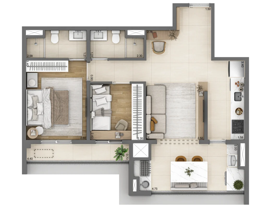 Planta do apartamento de 2 quartos e 63 m² do Linn Vila Mariana.