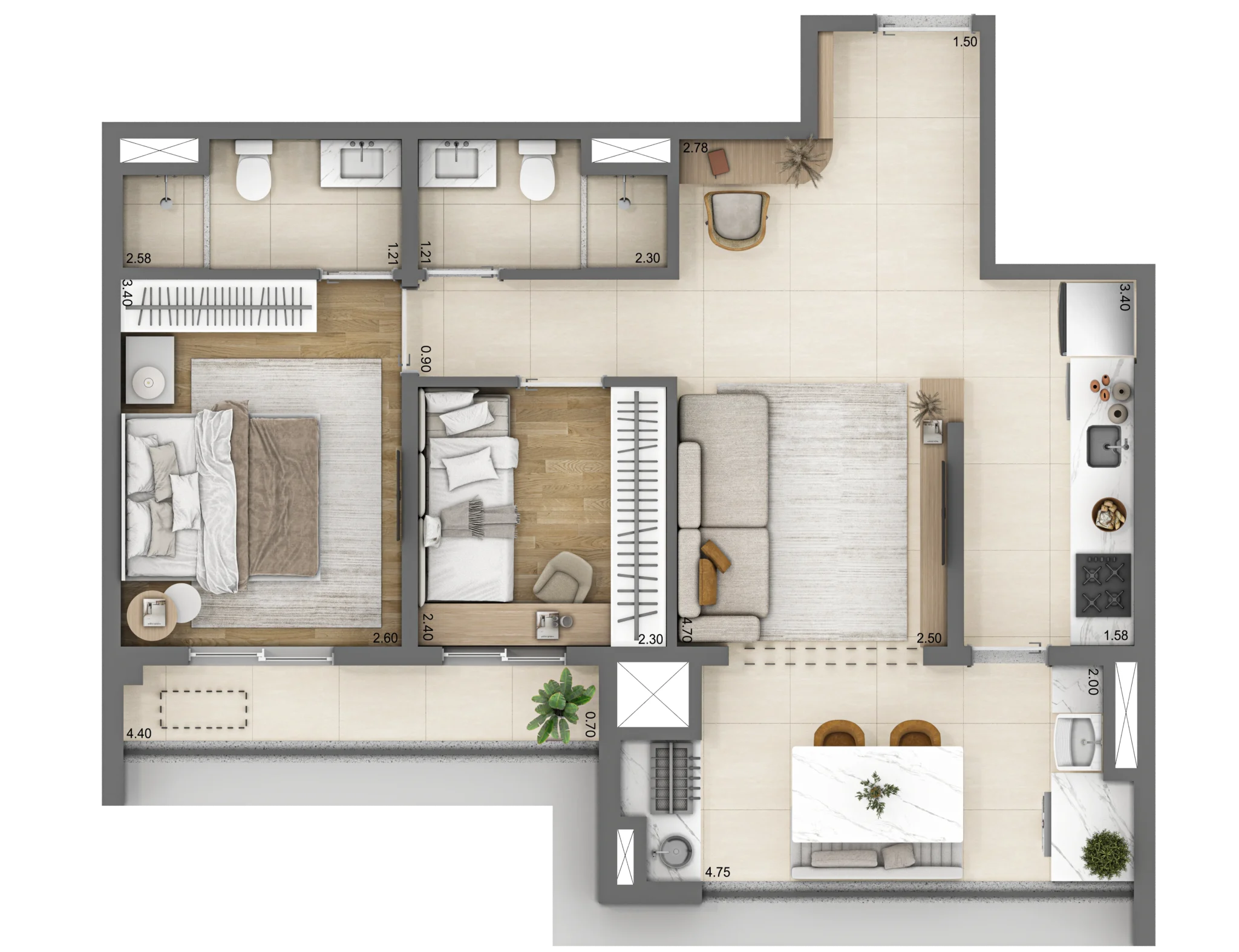 Planta do apartamento de 2 quartos e 63 m² do Linn Vila Mariana.