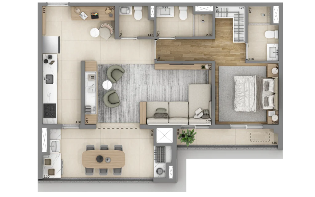 Planta do apartamento de 1 quarto e 65 m² do Linn Vila Mariana, com banheiro Sr. e Sra. e lavabo.