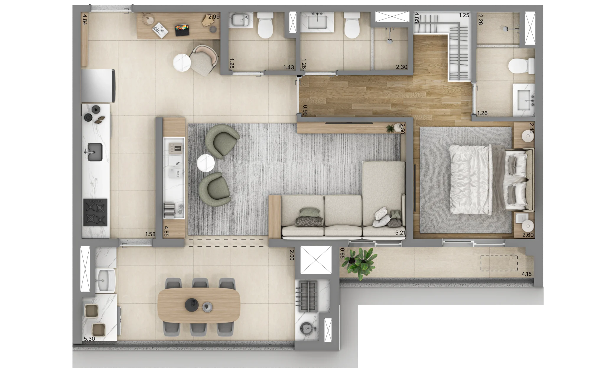 Planta do apartamento de 1 quarto e 65 m² do Linn Vila Mariana, com banheiro Sr. e Sra. e lavabo.