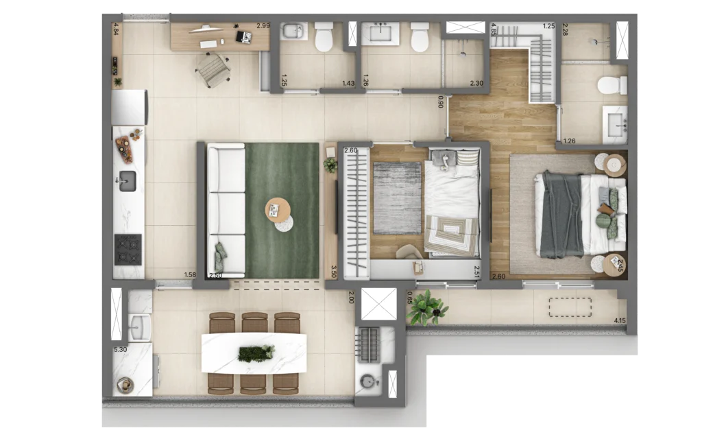 Planta do apartamento de 2 quartos e 65 m² do Linn Vila Mariana, com lavabo.