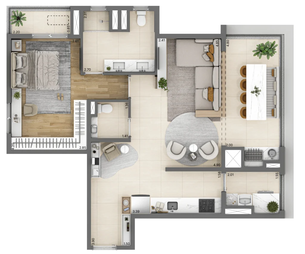 Planta do apartamento de 1 quarto e 71 m² do Linn Vila Mariana, com sala e banheiro ampliados.