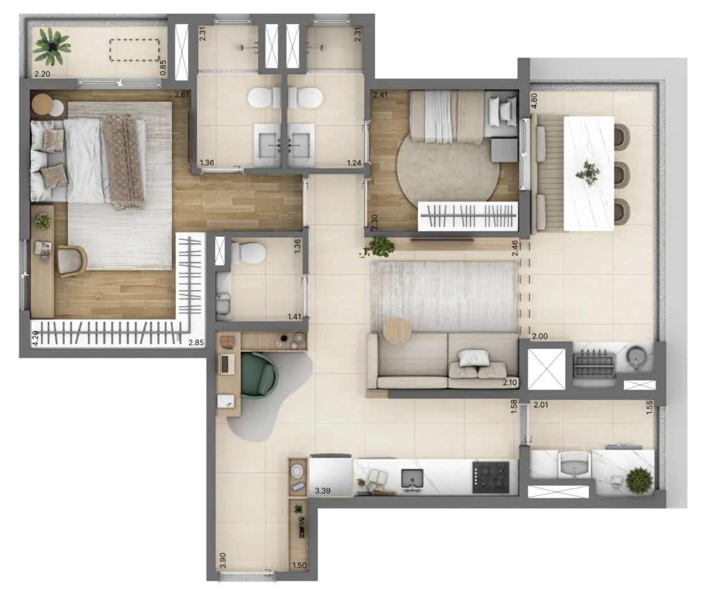 Planta do apartamento de 2 quartos e 71 m² do Linn Vila Mariana, com duas suítes e lavabo.