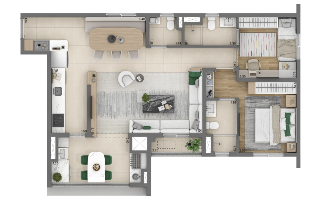 Planta do apartamento de 2 quartos e 77 m² do Linn Vila Mariana, com duas suítes e living ampliado.