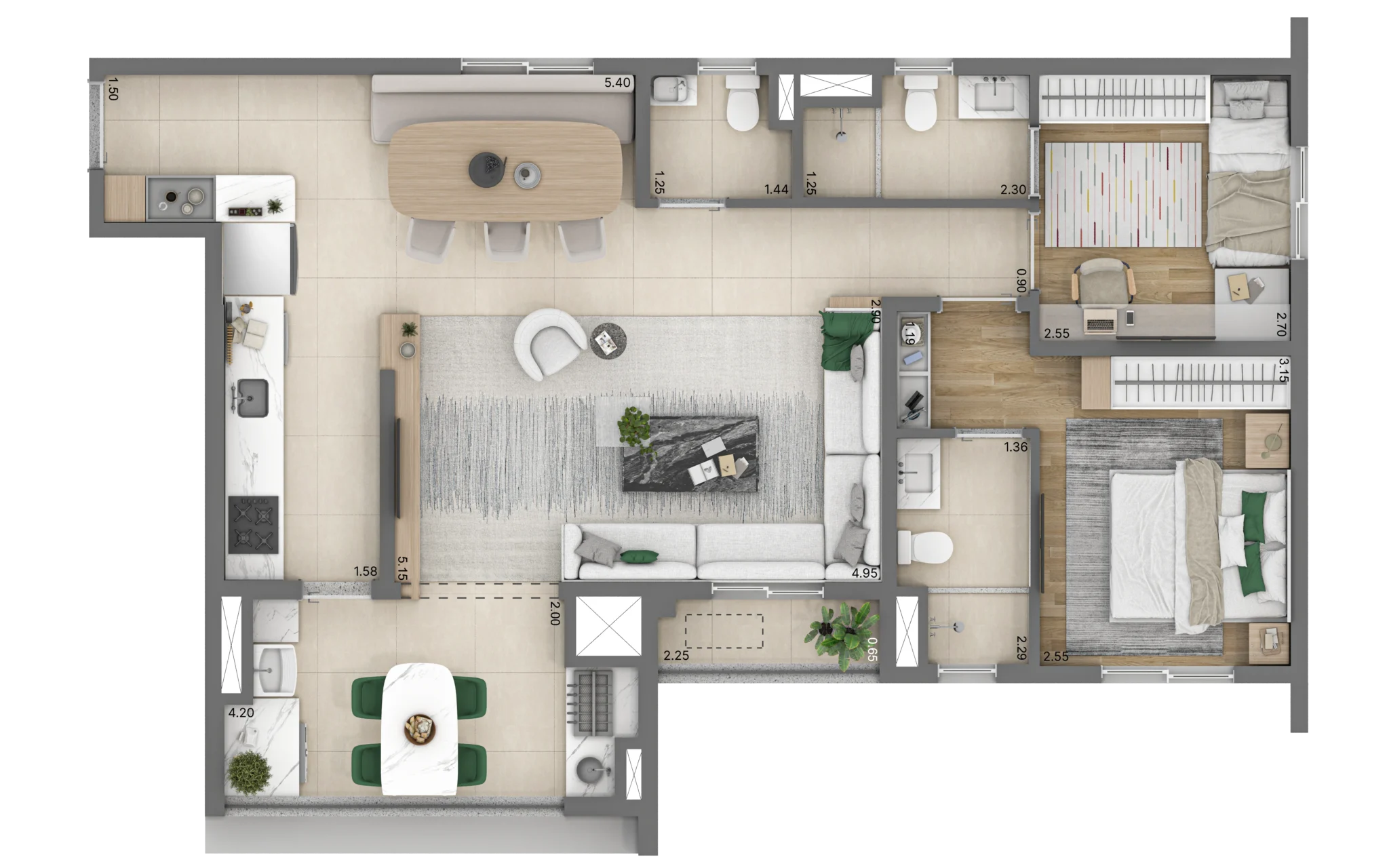 Planta do apartamento de 2 quartos e 77 m² do Linn Vila Mariana, com duas suítes e living ampliado.