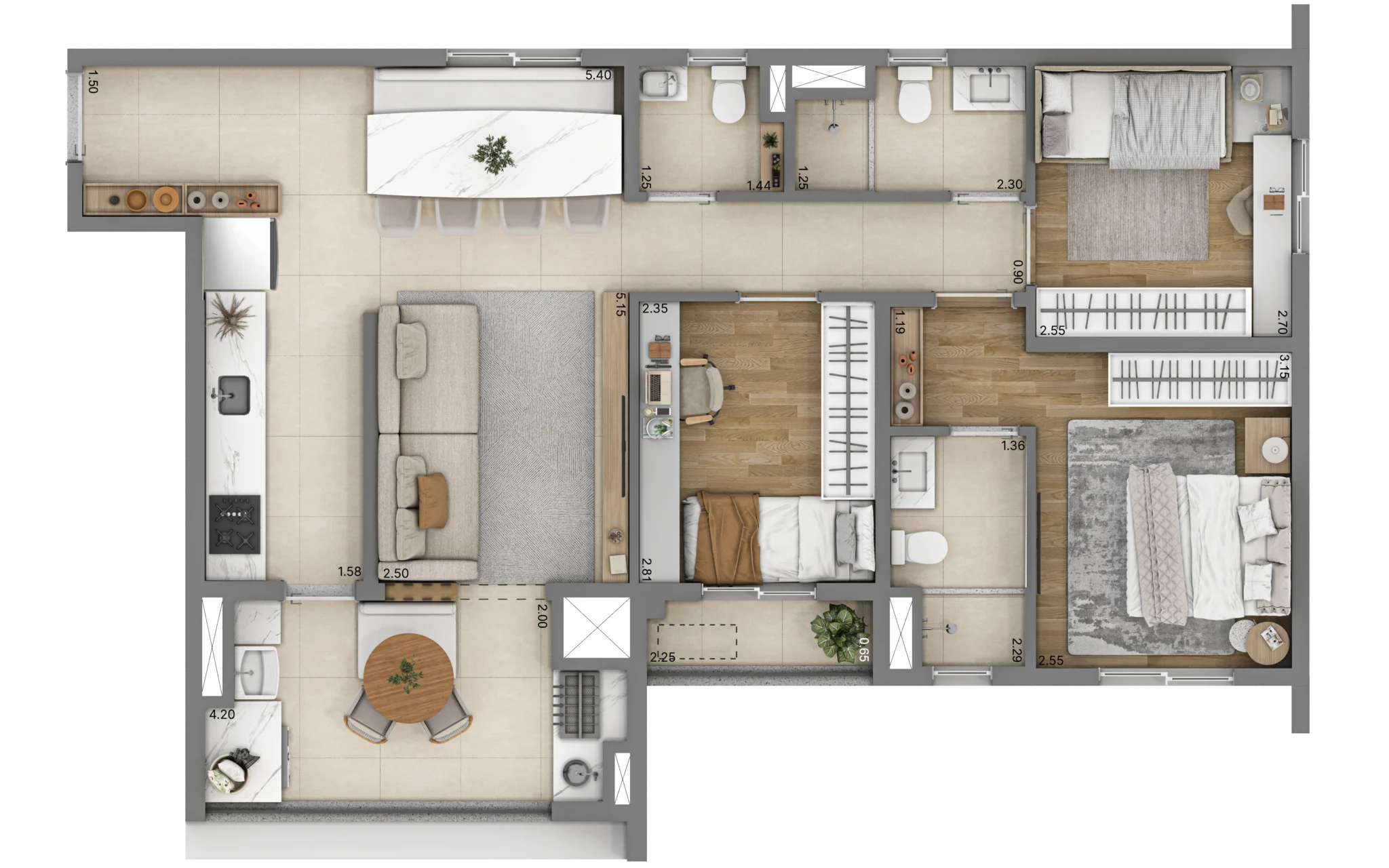 Planta do apartamento de 3 quartos e 77 m² do Linn Vila Mariana, com uma suíte.