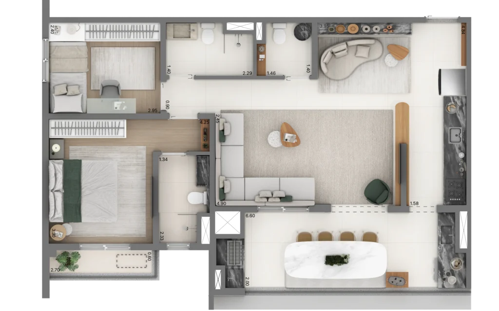 Planta do apartamento de 2 quartos e 79 m² do Linn Vila Mariana, com living ampliado.