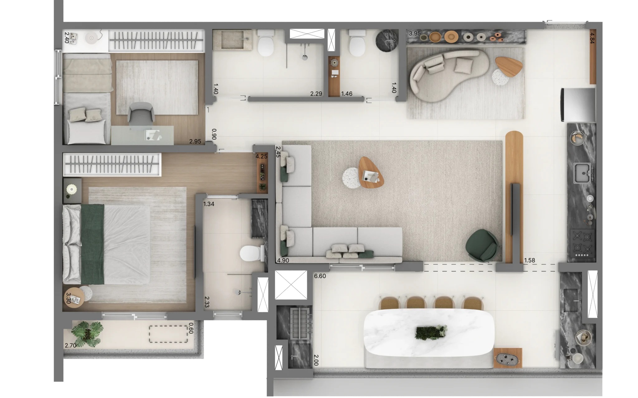 Planta do apartamento de 2 quartos e 79 m² do Linn Vila Mariana, com living ampliado.