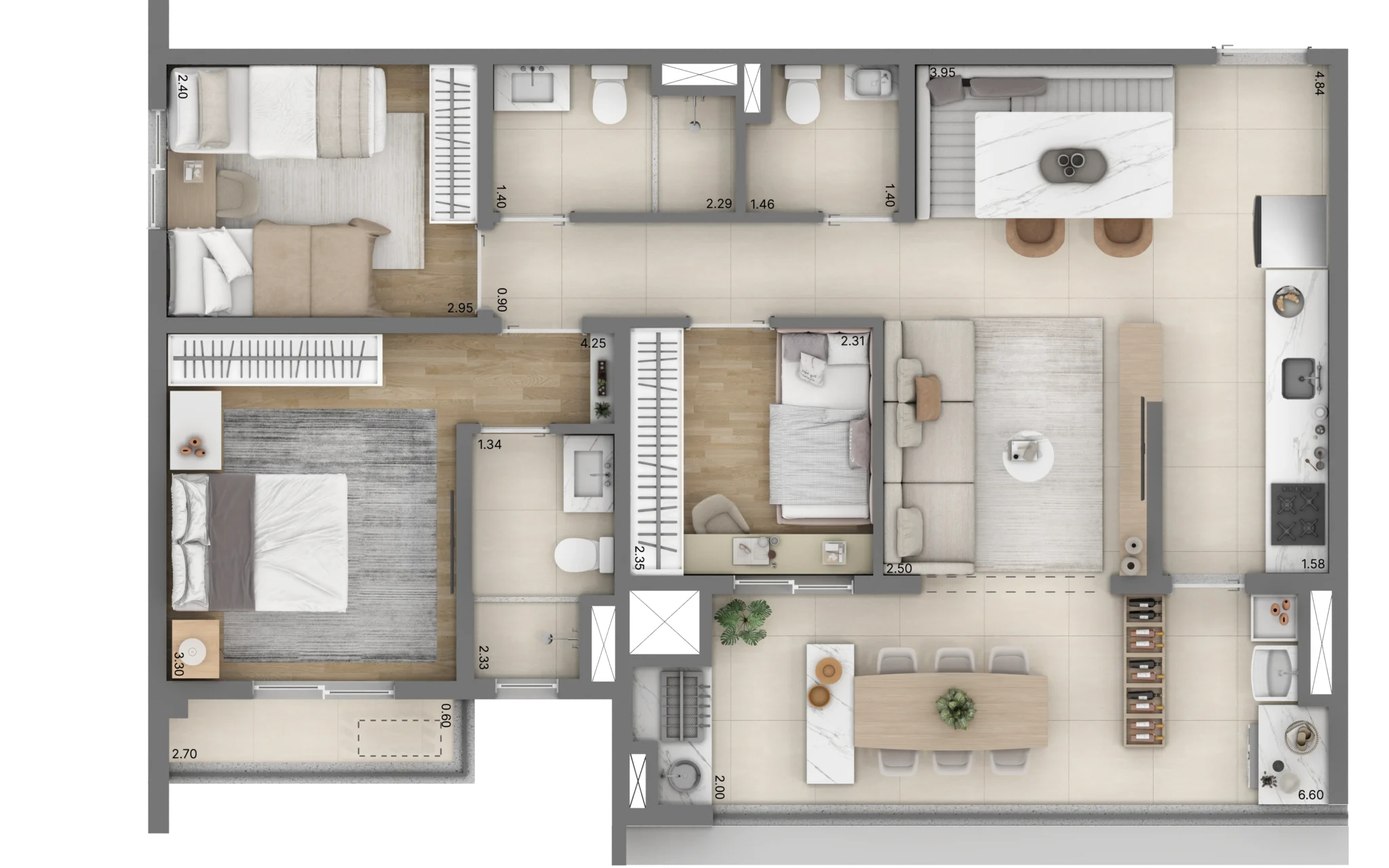 Planta do apartamento de 3 quartos e 79 m² do Linn Vila Mariana, com uma suíte.