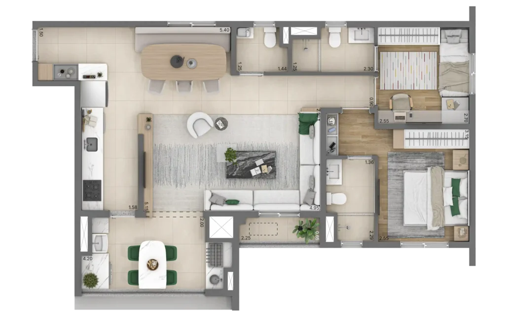 Planta do apartamento de 2 quartos e 77 m² do Linn Vila Mariana, com duas suítes e living ampliado.