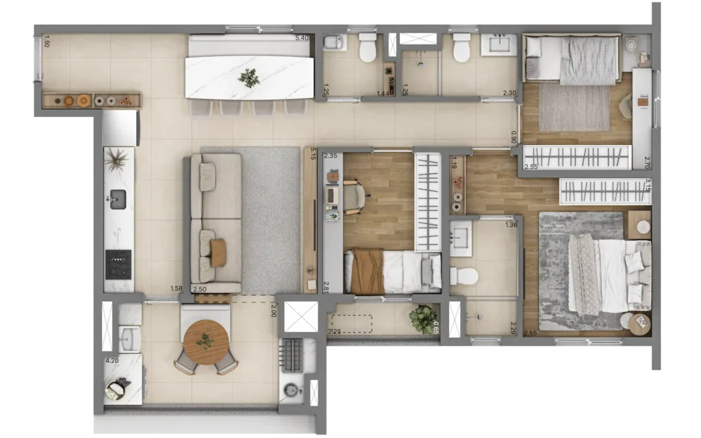 Planta do apartamento de 3 quartos e 77 m² do Linn Vila Mariana, com uma suíte.