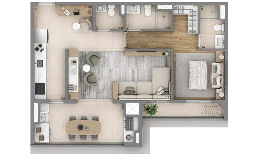 Planta do apartamento de 1 quarto e 65 m² do Linn Vila Mariana, com banheiro Sr. e Sra. e lavabo.