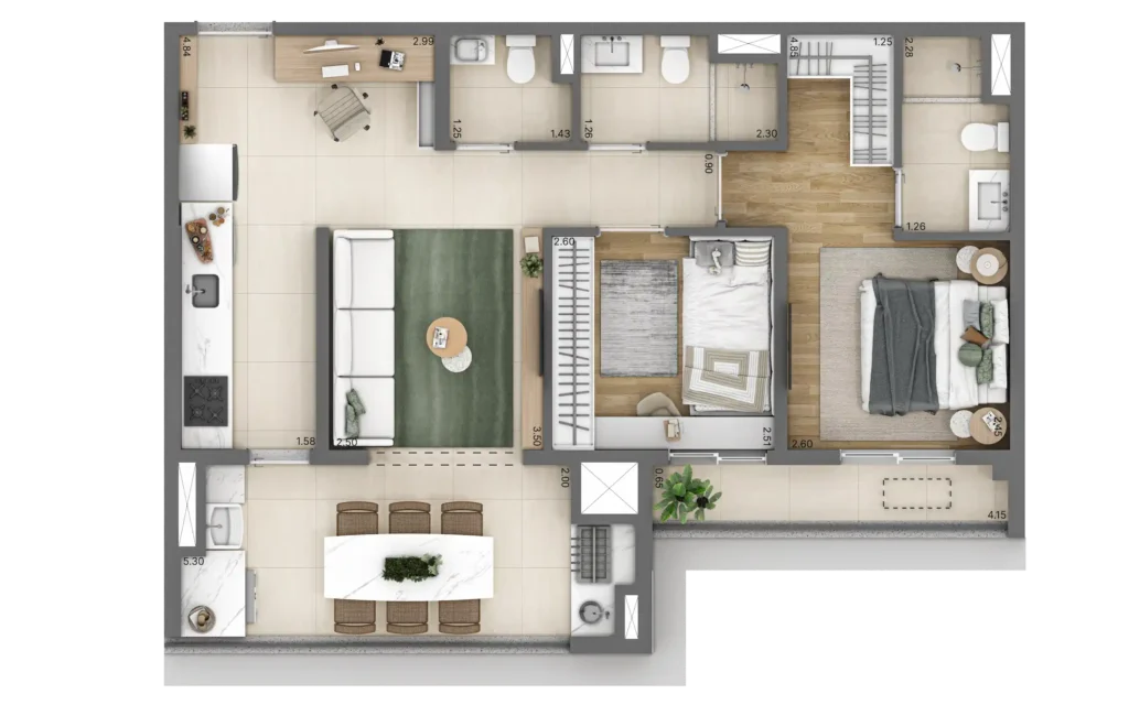 Planta do apartamento de 2 quartos e 65 m² do Linn Vila Mariana, com lavabo.