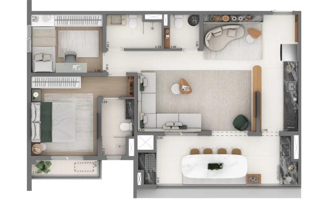 Planta do apartamento de 2 quartos e 79 m² do Linn Vila Mariana, com living ampliado.