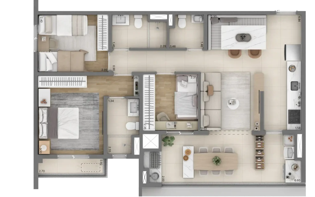 Planta do apartamento de 3 quartos e 79 m² do Linn Vila Mariana, com uma suíte.