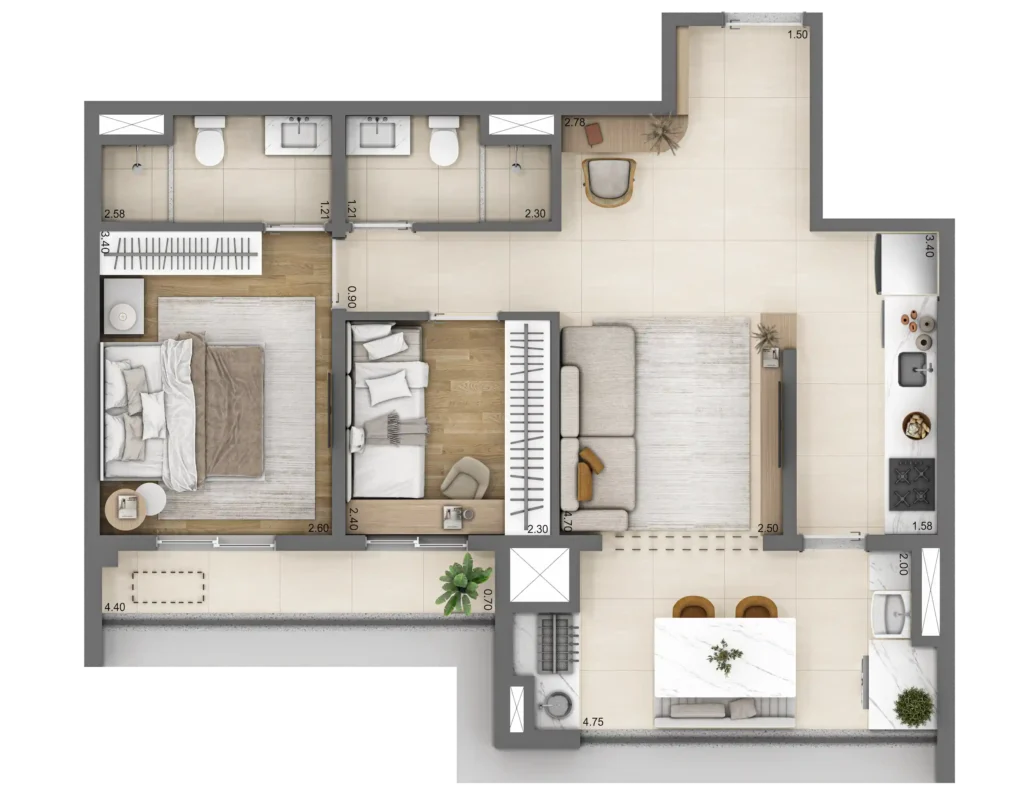 Planta do apartamento de 2 quartos e 63 m² do Linn Vila Mariana.