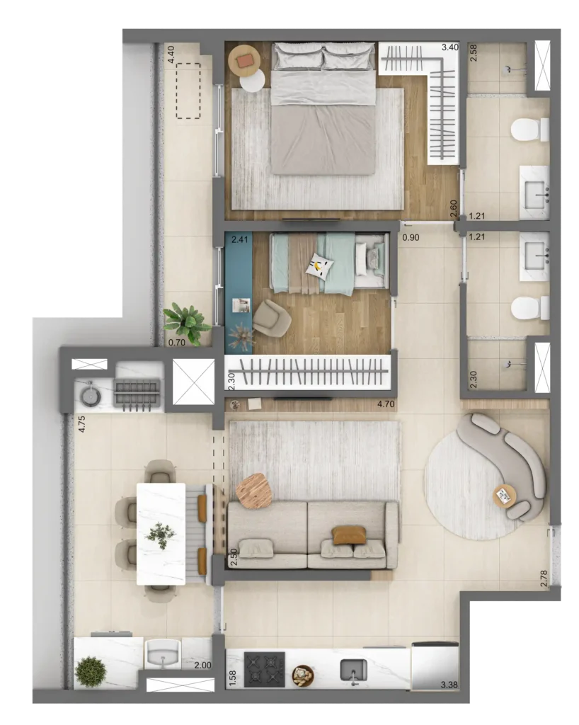 Planta do apartamento de 2 quartos e 60 m² do Linn Vila Mariana, com uma suíte.