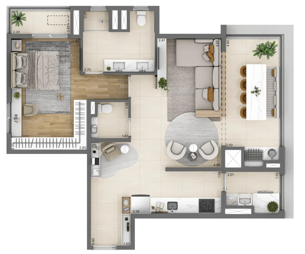 Planta do apartamento de 1 quarto e 71 m² do Linn Vila Mariana, com sala e banheiro ampliados.