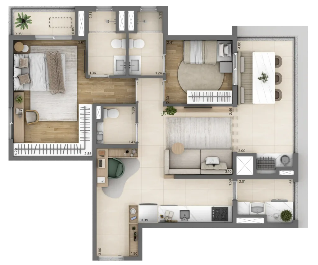 Planta do apartamento de 2 quartos e 71 m² do Linn Vila Mariana, com duas suítes e lavabo.