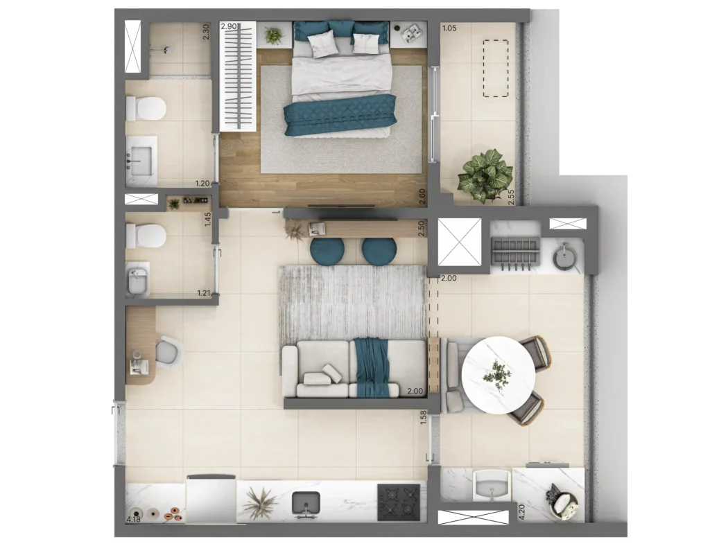 Planta do apartamento de 1 quarto e 45 m² do Linn Vila Mariana, com suíte.