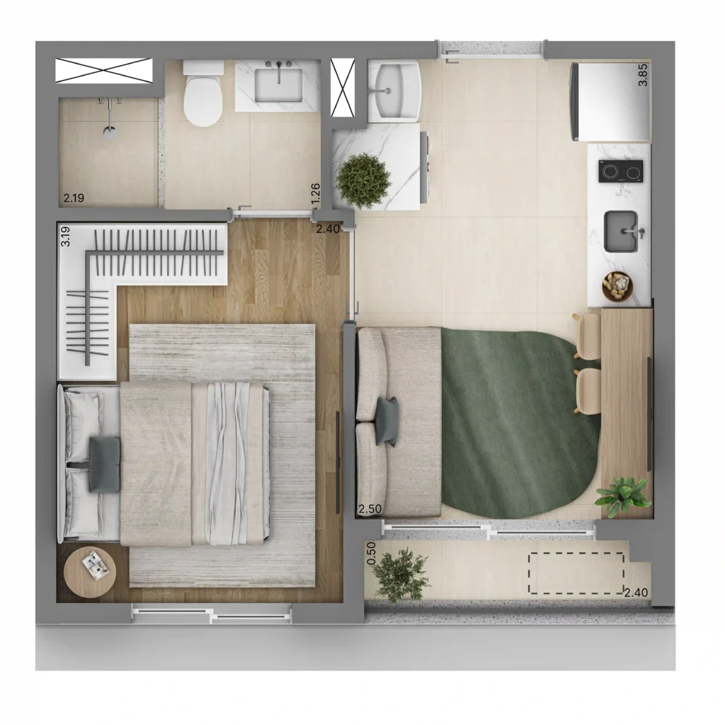 Planta do apartamento de 1 quarto e 24 m² do NIK Vila Mariana.