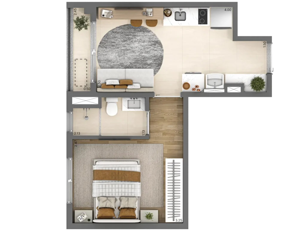 Planta do apartamento de 1 quarto e 28 m² do NIK Vila Mariana.