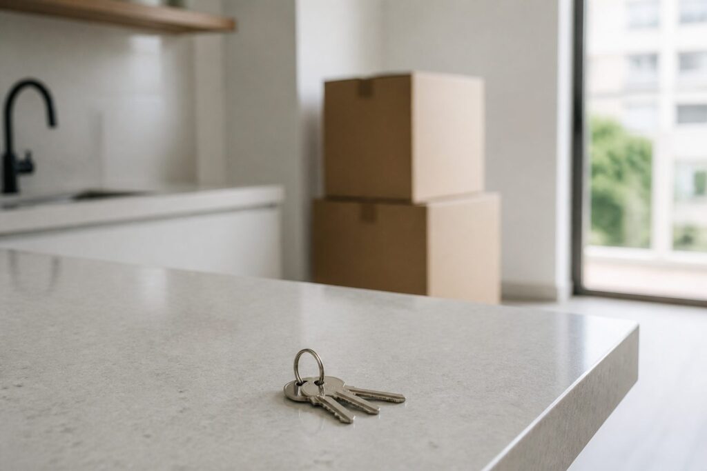 Chaves sobre bancada de cozinha em apartamento novo, com caixas de mudança ao fundo