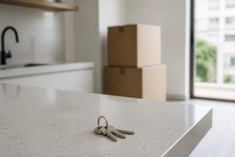 Chaves sobre bancada de cozinha em apartamento novo, com caixas de mudança ao fundo