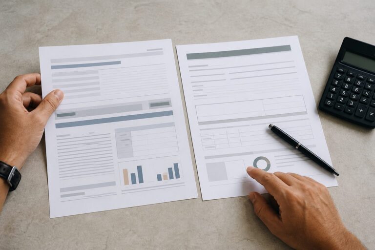 Mãos comparando duas propostas impressas de financiamento, com calculadora ao lado