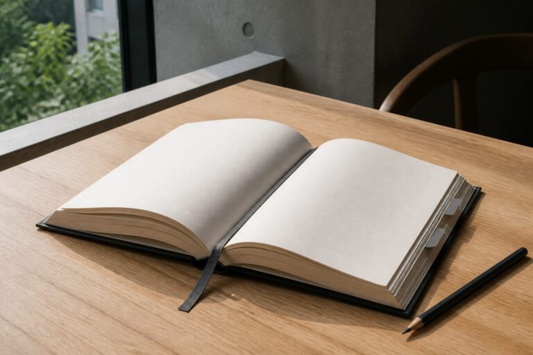 Livro aberto com lápis sobre mesa de madeira, em luz lateral suave