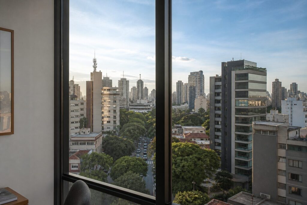 Vista da janela de um apartamento para avenida arborizada da cidade