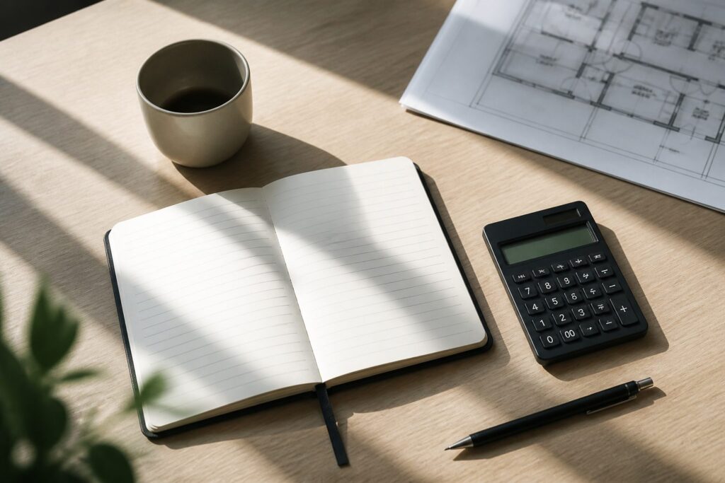 Caderno aberto, calculadora e planta baixa sobre mesa de madeira, com luz natural