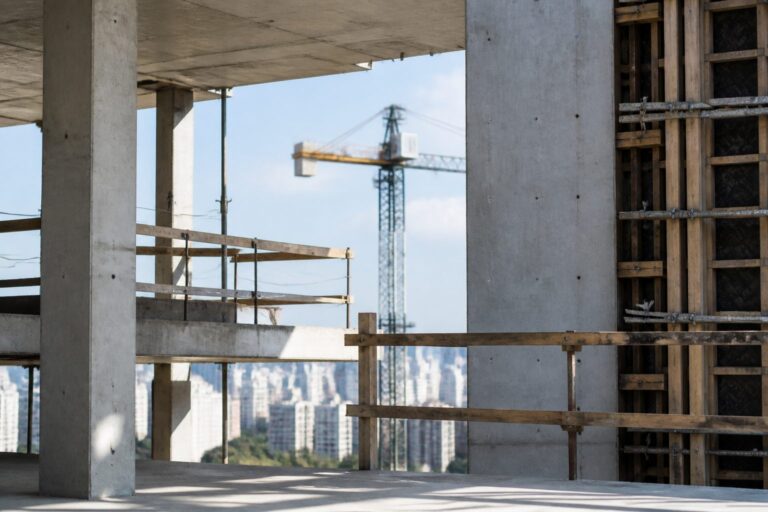 Estrutura de concreto de edifício em obra, com grua e a cidade ao fundo