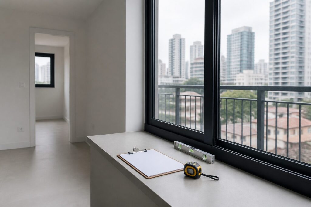 Apartamento vazio recém-entregue, com prancheta e trena sobre o parapeito da janela