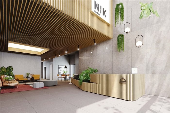 Perspectiva ilustrada do lobby do NIK Perdizes
