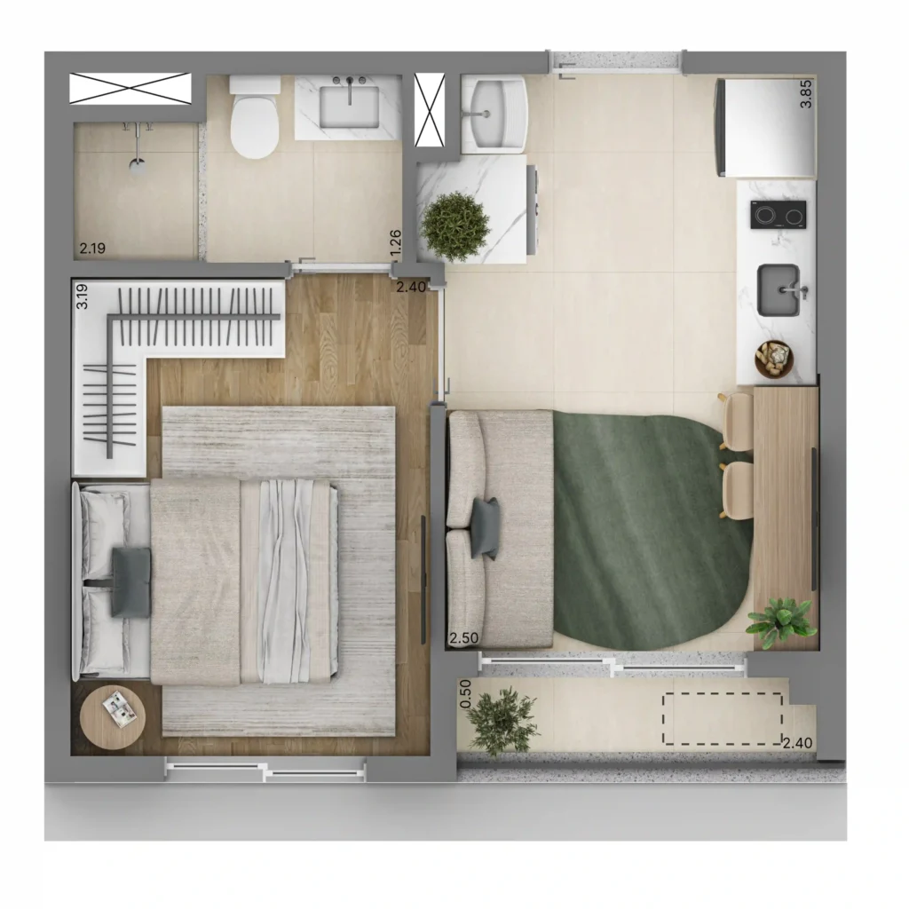 Planta padrão de apartamento de 1 dormitório separado — as unidades têm 24 e 28 m².