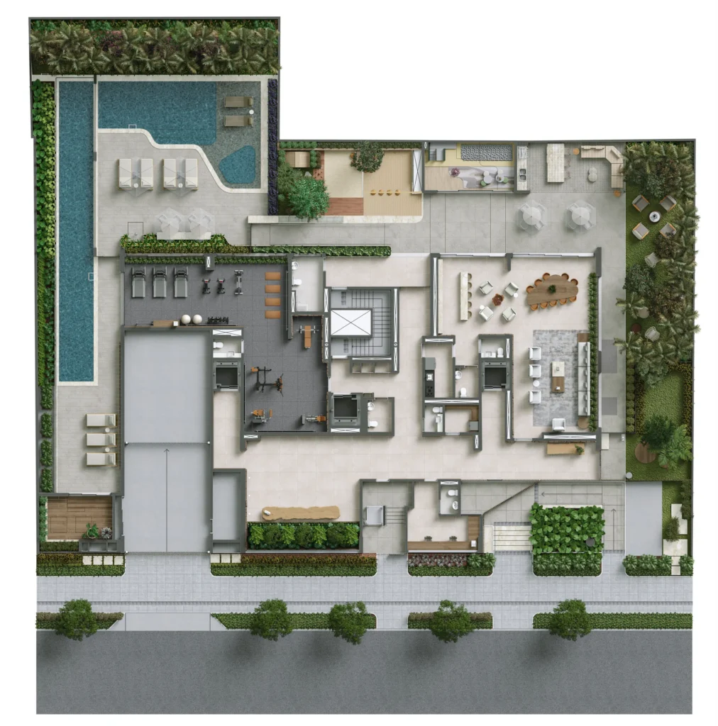 Perspectiva ilustrada da implantação do térreo do Nuv Moema, um projeto 100% residencial.