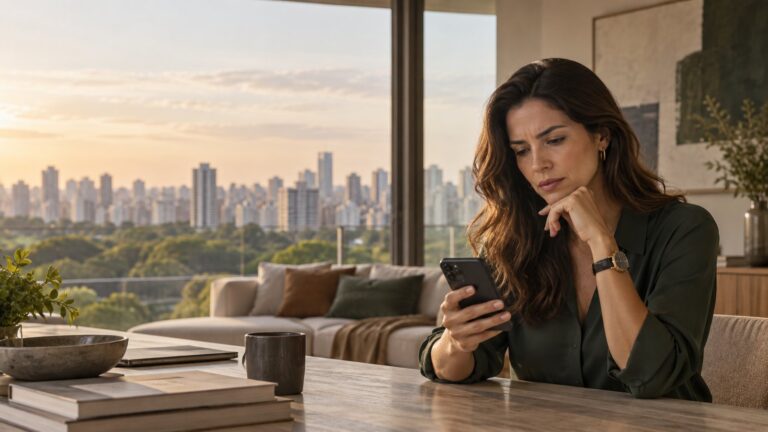 Mulher analisa no celular as avaliacoes de incorporadoras no Reclame Aqui, sentada a mesa de um apartamento com vista para Sao Paulo