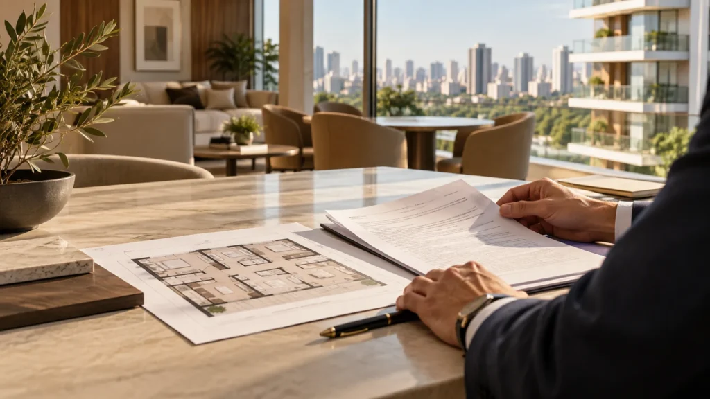 Comprador revisa a planta do apartamento e o contrato antes de assinar, em uma mesa com vista para a cidade